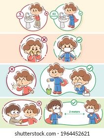 Vector illustration of a child wearing a face mask and fights the Corona virus or Covid-19  by washing his hands with soap ,  sneezing cover mouth and nose with tissue and keeping distance 
