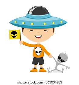 Vector illustration. A child wearing a hat in the form of a flying saucer and with a toys in his hands.