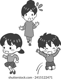 Vector illustration of a child who won't sit still and a mother annoyed by her child.