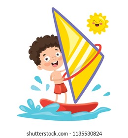 Vector Illustration Of Child Windsurfing	