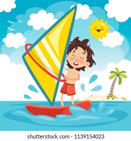Vector Illustration Of Child Windsurfing