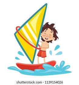 Vector Illustration Of Child Windsurfing