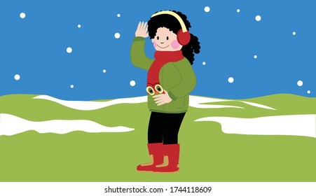 Vector Illustration of a Child in Winter, Snowy Landscape Background