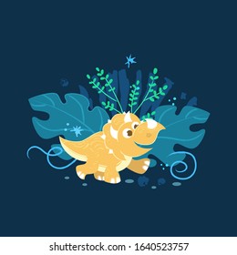 Vector illustration of child yellow Triceratops on dark blue background 