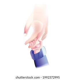 Vector illustration of childhood care, parenting, family. Child hand holding dad finger. Happy father day. Vintage hand drawn style.