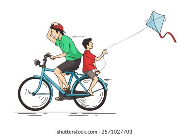 Vector Illustration of Childhood Memories: Riding a Bike and Flying a Kite
