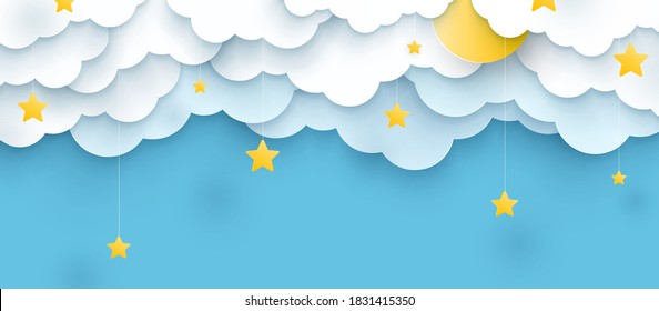 vector illustration. Childish blue background with clouds and stars