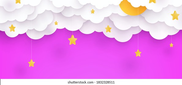 vector illustration. Childish blue background with clouds and stars