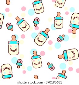 Vector illustration of the childish bottles with the funny faces seamless pattern. Trendy Kawaii emoticons for print on t-shirt, one piece body gift for kids.