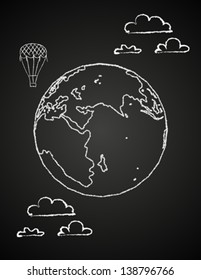 Vector illustration of childish drawing of a globe in clouds on chalkboard. Concept image of global market, ecology, green technology, saving the planet for next generation, for children, education