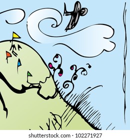A vector illustration of an childish landscape drawing.