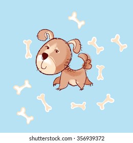 vector illustration of childish little dog. cute little animal puppy walking. brown funny doggy with bones