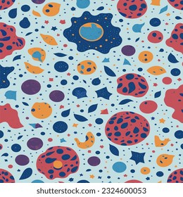Vector illustration Childish Space Elements  Seamless Pattern Planets  Meteorite and Stars Cartoon Cute for Children, Kids, Birthday Party Background, Poster.