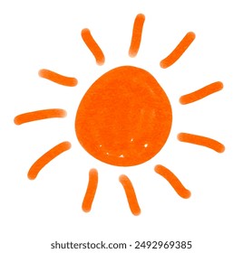 Vector illustration of childlike drawing of red sun with rays