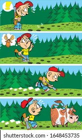 
Ilustración vectorial con niños y animales. Un niño con un rifle de caza busca rastros de alce en el bosque. Página del libro de historietas para niños en forma de caricatura para imprimirlo en la publicación infantil.