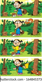 Vector illustration with children and animals. A girl picks mushrooms in the forest, and a squirrel steals them. Comic book page for children in cartoon style for printing in children's publications.