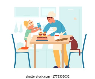 Vector Illustration Of Children In Aprons Making Cake Together In The Kitchen. Older Brother Helps His Little Sister Decorate Cake. Flat Design.