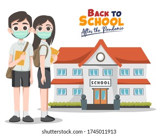 Vector illustration of children back to school after pandemic with face mask, book, pencil, globe. Boys and girls going back to school after covid-19 corona virus quarantine and lock down.