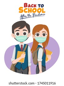 Vector illustration of children back to school after pandemic with face mask, book, pencil, globe. Boys and girls going back to school after covid-19 corona virus quarantine and lock down.