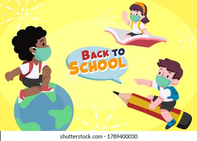 Vector illustration of children back to school after pandemic with face mask, book, pencil, globe. Boys and girls going back to school after covid-19 corona virus quarantine and lock down.