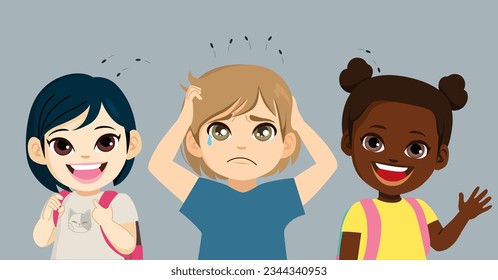 Vector illustration of children back to school healthcare concept. Boy with lines spreading bugs on classmates female friends