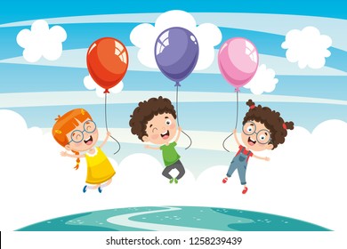 Vector Illustration Of Children With Balloon