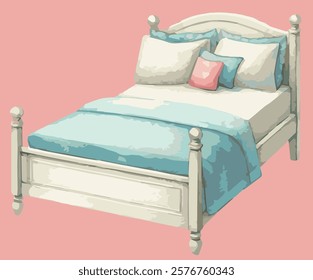 Vector illustration of children bed with fluffy pillows watercolor style