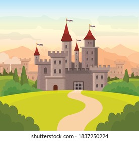Vector illustration for children book with fairy castle. Medieval fairytale magical magic fortress fort royal palace.