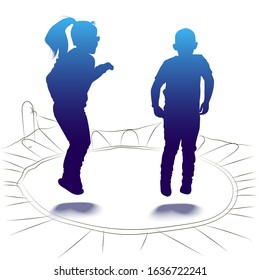 Vector illustration of children bouncing on a trampoline. Isolated silhouettes of a boy and a girl.