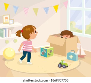 Vector illustration of children, boy and girl playing hide and seek game in play room. Children's active games. Boy hides from his sister in a box. Girl is searching looking for her brother.