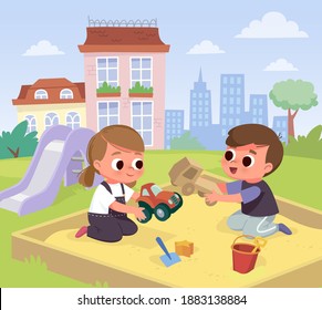 Vector illustration of children, boy and girl share their toy cars while playing in sandbox sandpit on playground. Children on the playground area, playing together.