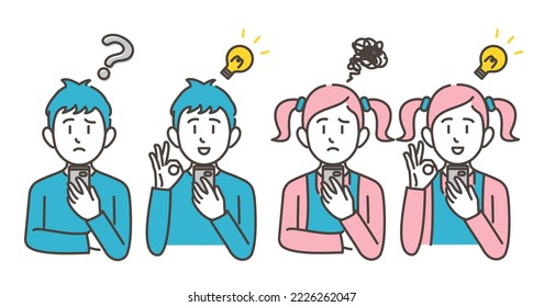 Vector illustration of children (boy and girl) with negative and positive expressions looking at their smartphones