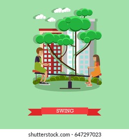 Vector illustration of children boy and girl swinging on seesaw in playground. Swing concept design element in flat style.