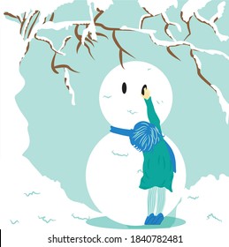 vector illustration of children build a giant snowman in winter season. children playing