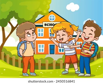 vector illustration of children bullying others.Children showing different emotions.angry, sad and happy children. Vector illustration of emotions, childhood emotions.