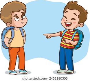 vector illustration of children bullying others.Children showing different emotions.angry, sad and happy children. Vector illustration of emotions, childhood emotions.