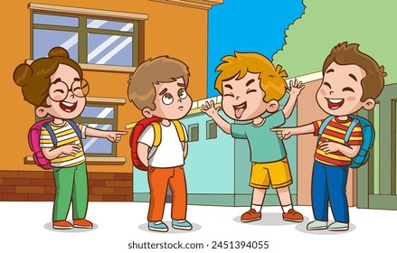 vector illustration of children bullying others.Children showing different emotions.angry, sad and happy children. Vector illustration of emotions, childhood emotions.