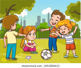 vector illustration of children bullying others.Children showing different emotions.angry, sad and happy children. Vector illustration of emotions, childhood emotions.