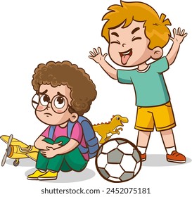 vector illustration of children bullying others.Children showing different emotions.angry, sad and happy children. Vector illustration of emotions, childhood emotions.