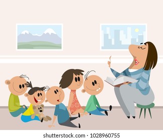 Vector illustration of children and caregiver in kindergarten
