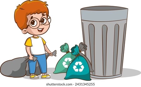 vector illustration of children carrying garbage bags