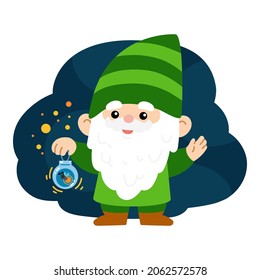 Vector illustration for children, Cartoon character garden gnome and lantern