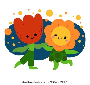 Vector illustration for children, Cartoon characters flowers dancing