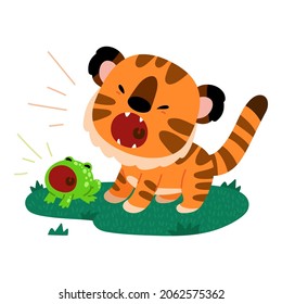 Vector illustration for children, Cartoon characters tiger and frogs screaming