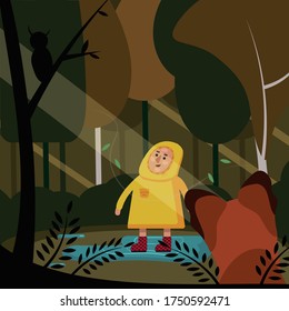 Vector illustration for children. A child walks through the autumn forest watched by a Fox and an owl. It may be suitable for illustrating books or postcards.