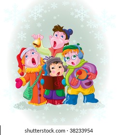 vector illustration, children choir singing carols, card concept.