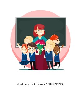 Vector illustration of children in class congratulate teacher on Teacher's Day