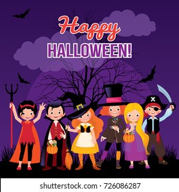 Vector illustration children in costume monsters of Halloween on night party