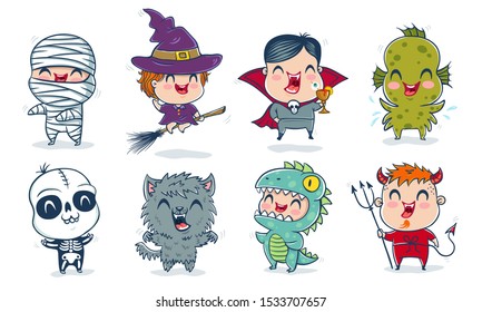 Vector illustration of children with costumes for Halloween in kawaii style. Illustration of a cute kids in monsters costumes. Halloween monsters