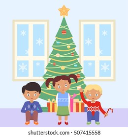 Vector illustration of children and decorated Christmas tree. New Year and Christmas celebration topic.